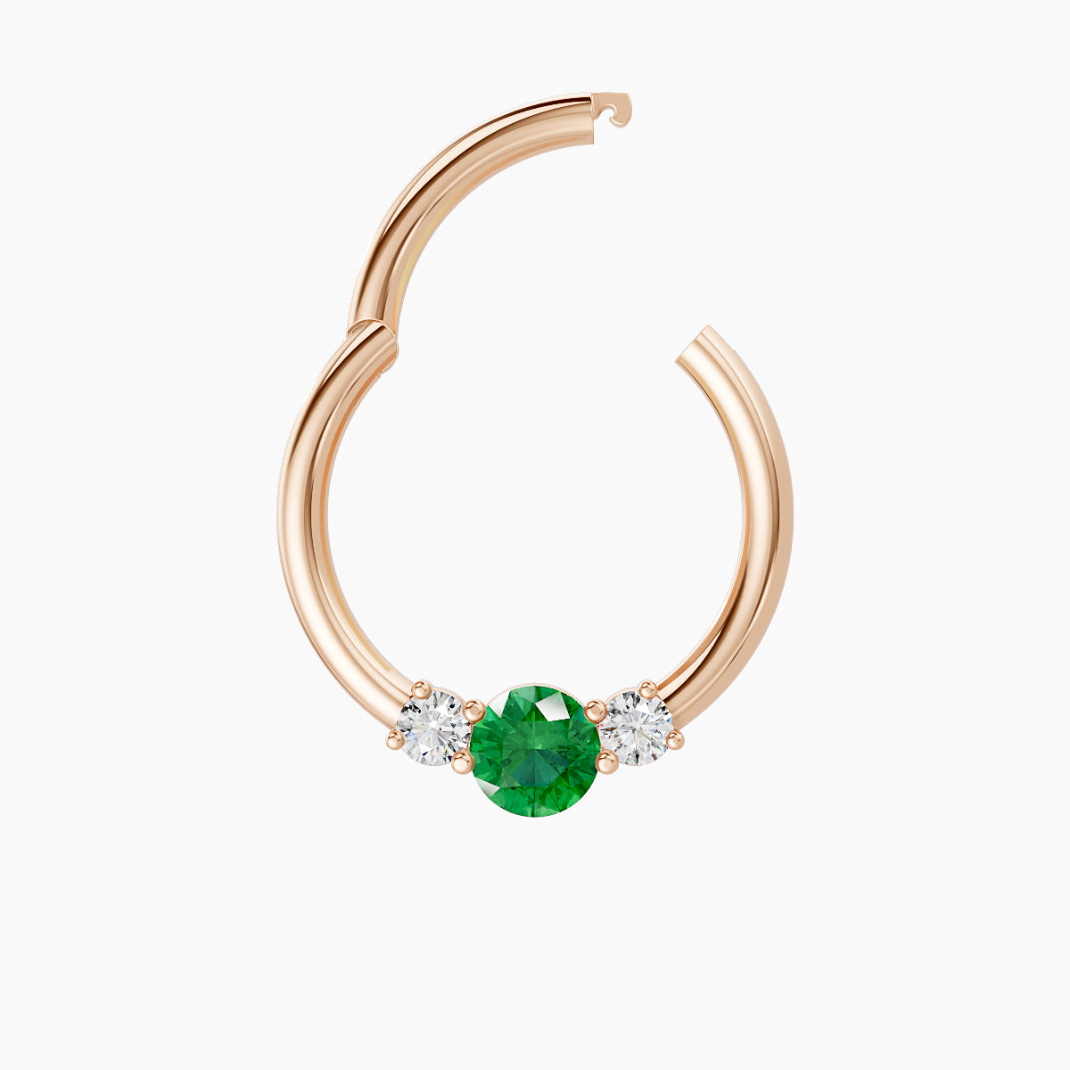 Grace | 18k Rose Gold 9.5 mm Trilogy Round Emerald & Diamond Daith Piercing