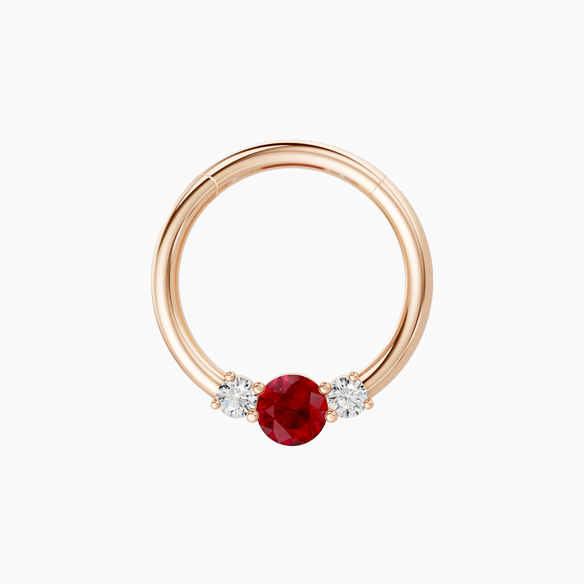 Grace | 18k Rose Gold 9.5 mm Trilogy Round Ruby & Diamond Daith Piercing