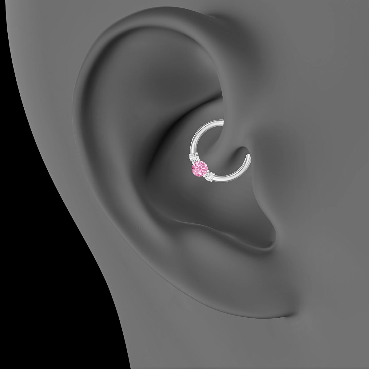 Grace | 18k White Gold 9.5 mm Trilogy Round Pink Sapphire & Diamond Daith Piercing