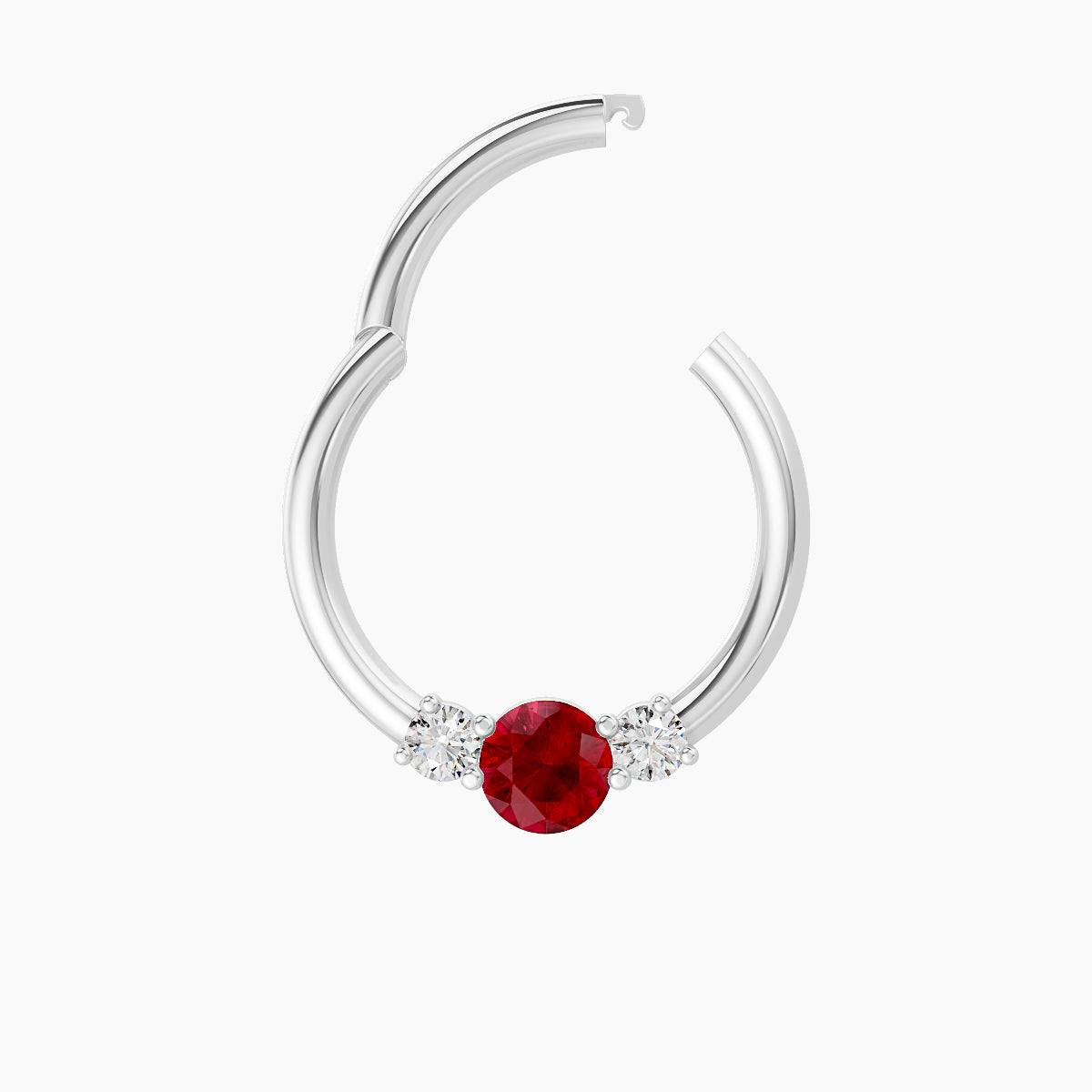 Grace | 18k White Gold 9.5 mm Trilogy Round Ruby & Diamond Daith Piercing