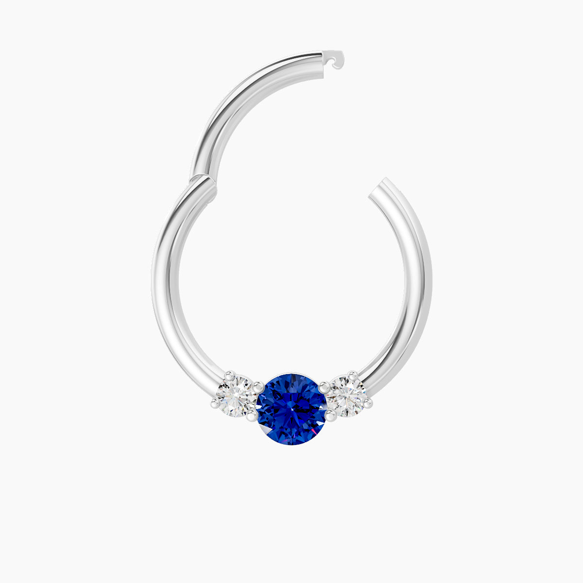 Grace | 18k White Gold 9.5 mm Trilogy Round Sapphire & Diamond Daith Piercing