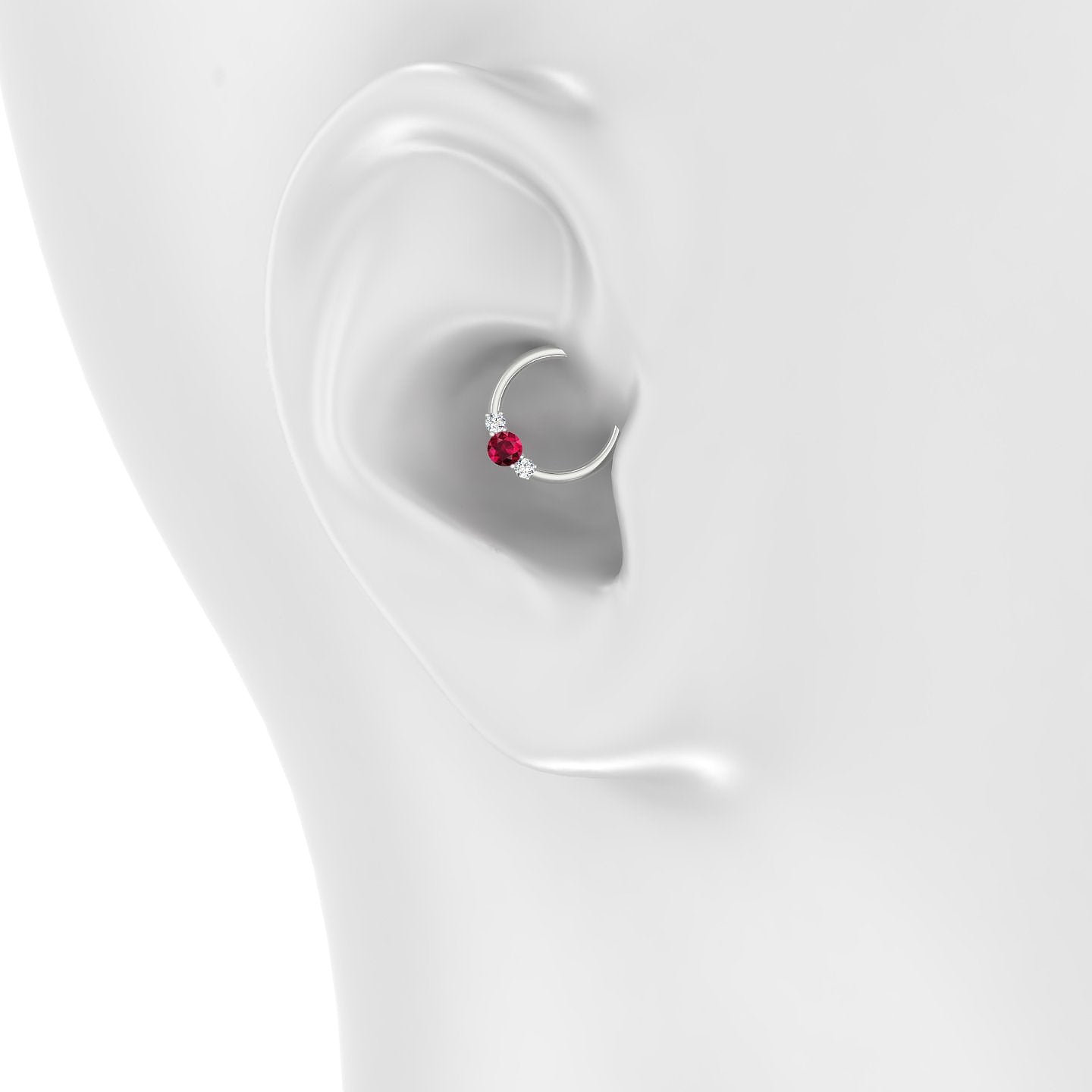 Grace | 18k White Gold 9.5 mm Trilogy Round Ruby & Diamond Daith Piercing