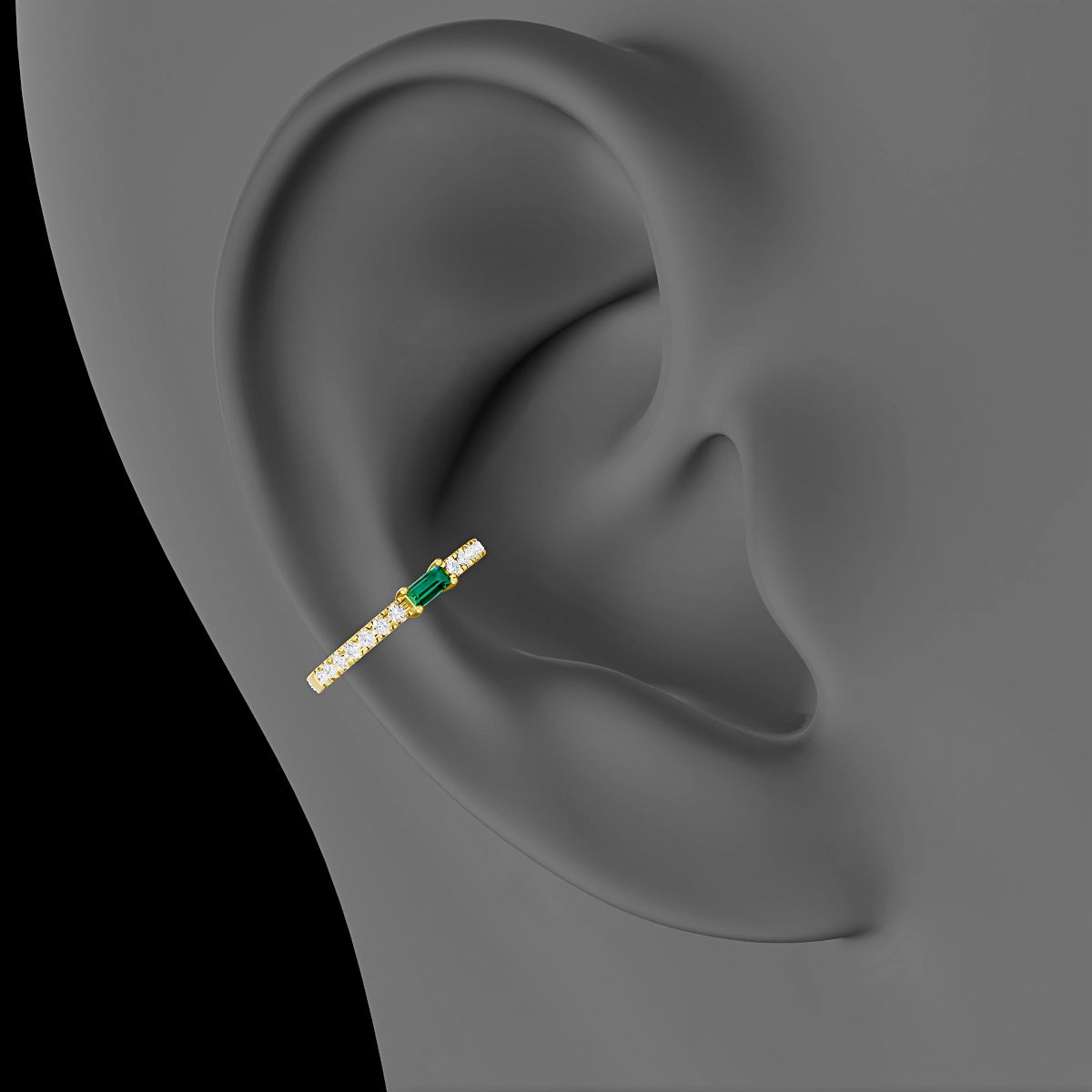 Inanna | 18k Yellow Gold 11 mm Baguette Emerald & Diamond Hoop Piercing