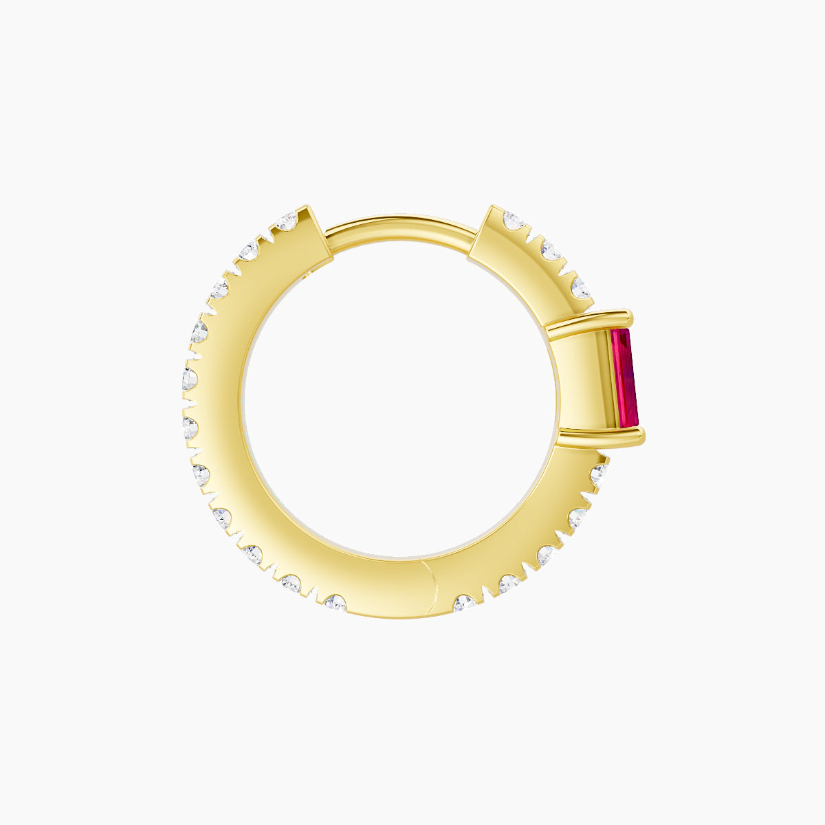Inanna | 18k Yellow Gold 8 mm Baguette Ruby & Diamond Hoop Piercing