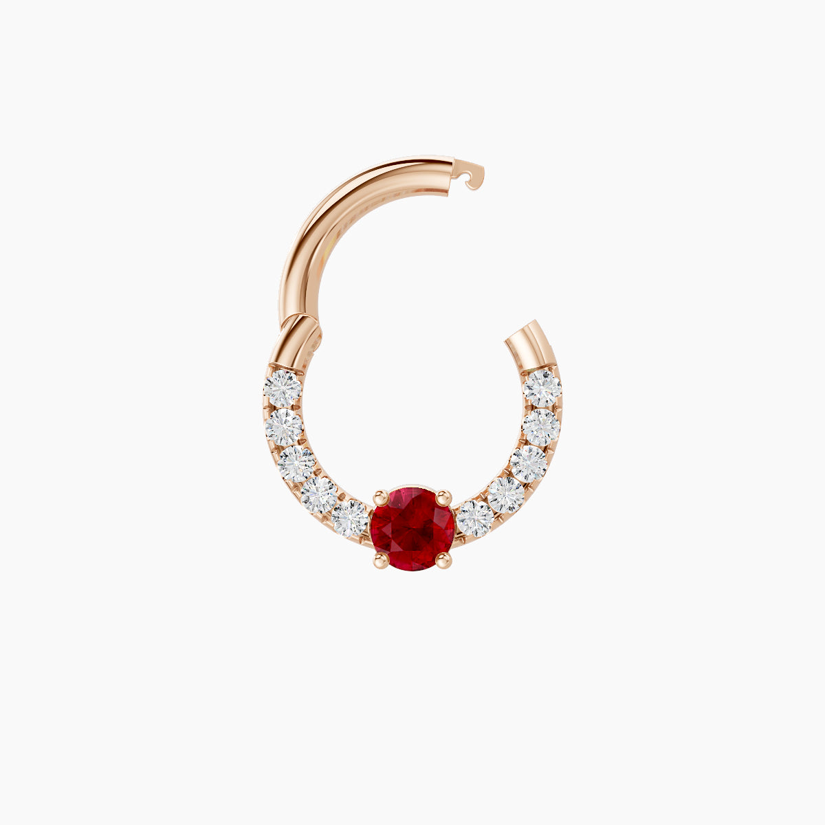 Inanna | 18k Rose Gold 6.5 mm Round Ruby & Diamond Daith Piercing