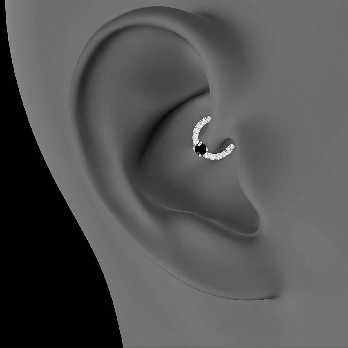 Inanna | 18k White Gold 6.5 mm Round Black Diamond & Diamond Daith Piercing