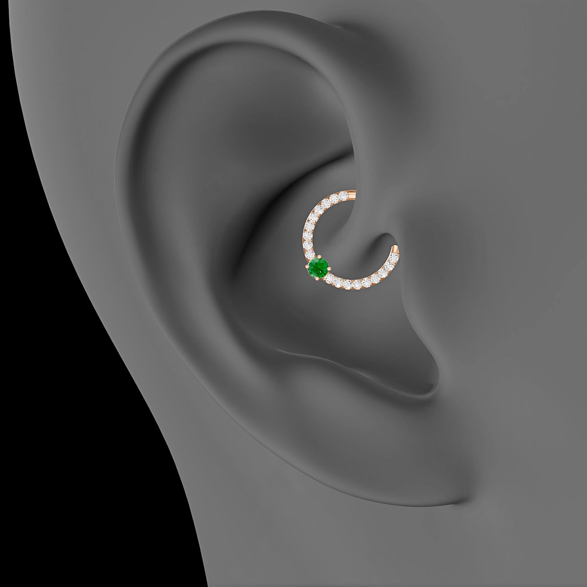 Inanna | 18k Rose Gold 9.5 mm Round Emerald & Diamond Daith Piercing