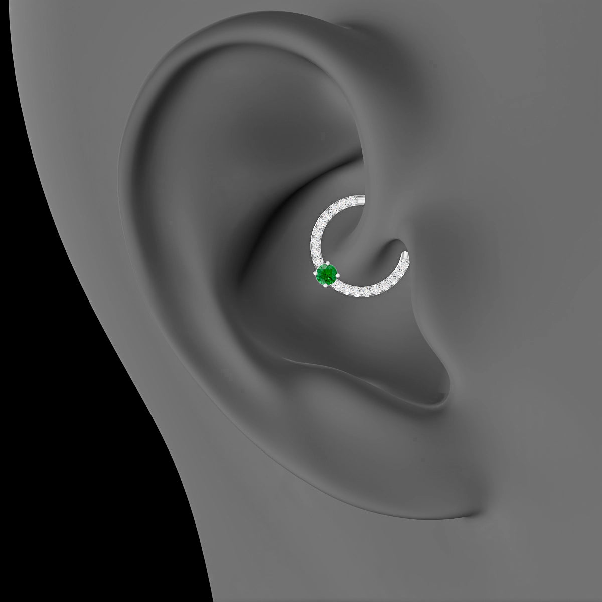 Inanna | 18k White Gold 9.5 mm Round Emerald & Diamond Daith Piercing