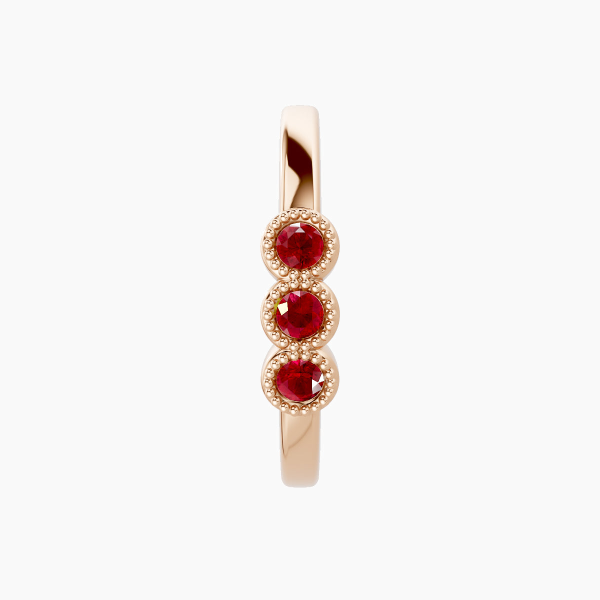 Irene | 18k Rose Gold 11 mm Trilogy Ruby Hoop Piercing