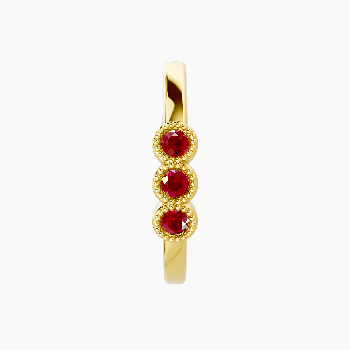 Irene | 18k Yellow Gold 11 mm Trilogy Ruby Hoop Piercing