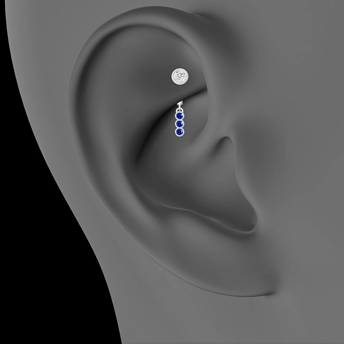 Irene | 18k White Gold 6 mm Trilogy Sapphire & Diamond Rook Piercing