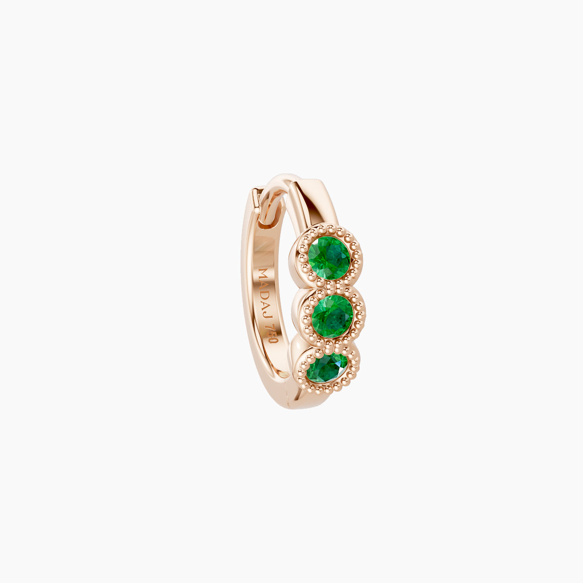 Irene | 18k Rose Gold 6.5 mm Trilogy Emerald Hoop Piercing
