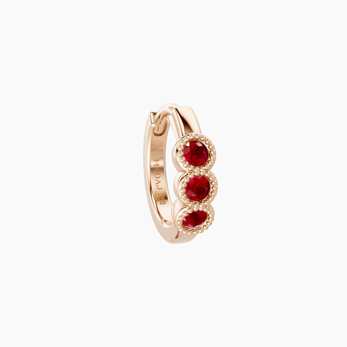 Irene | 18k Rose Gold 6.5 mm Trilogy Ruby Hoop Piercing