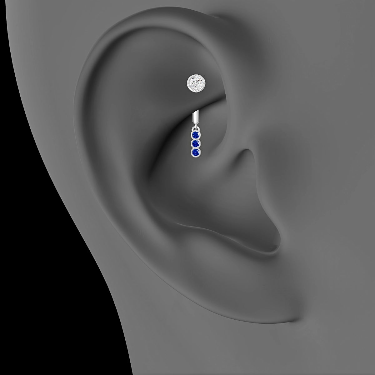 Irene | 18k White Gold 8 mm Trilogy Sapphire & Diamond Rook Piercing