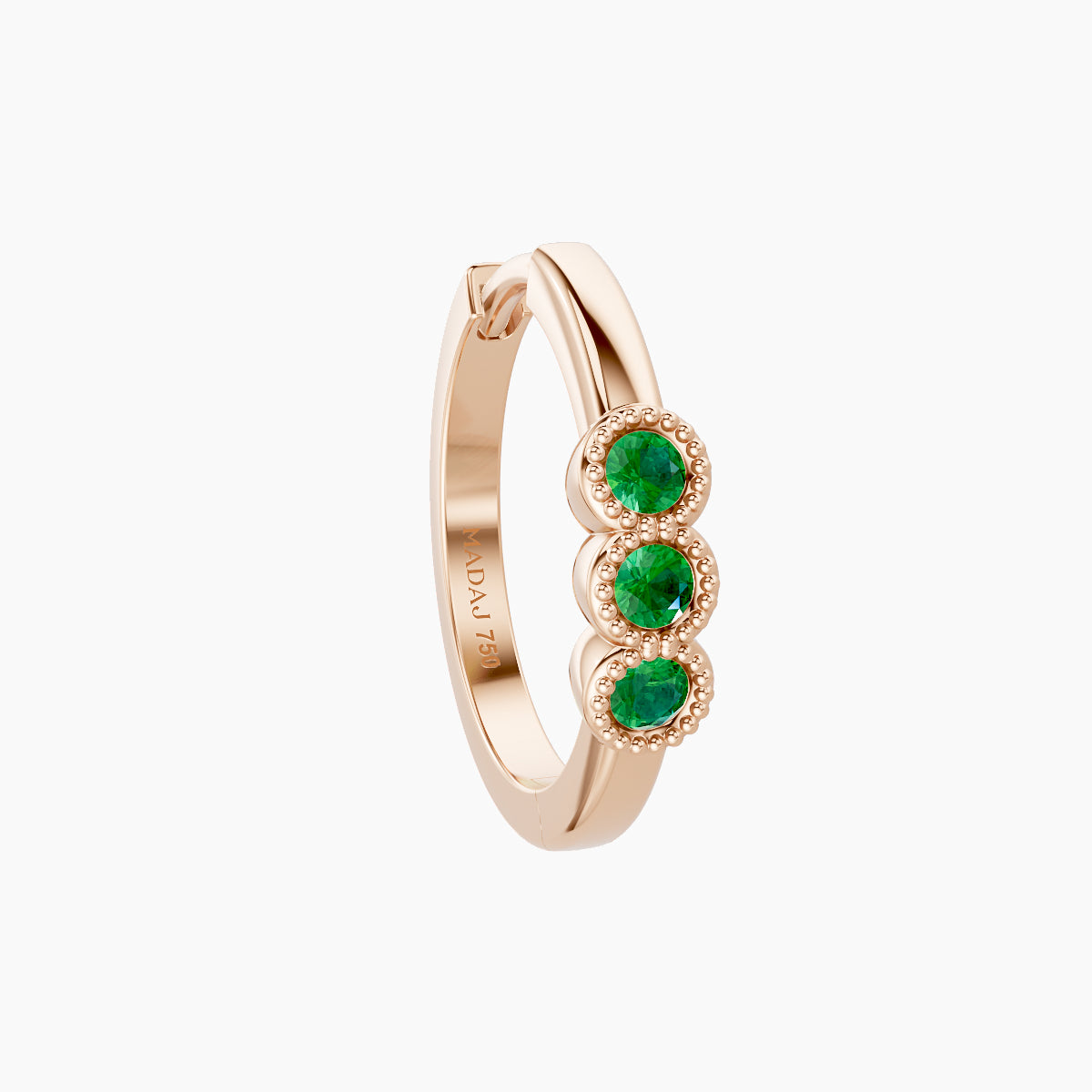 Irene | 18k Rose Gold 9.5 mm Trilogy Emerald Hoop Piercing