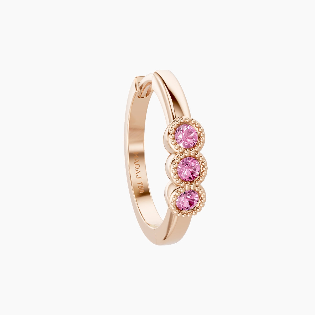 Irene | 18k Rose Gold 9.5 mm Trilogy Pink Sapphire Hoop Piercing