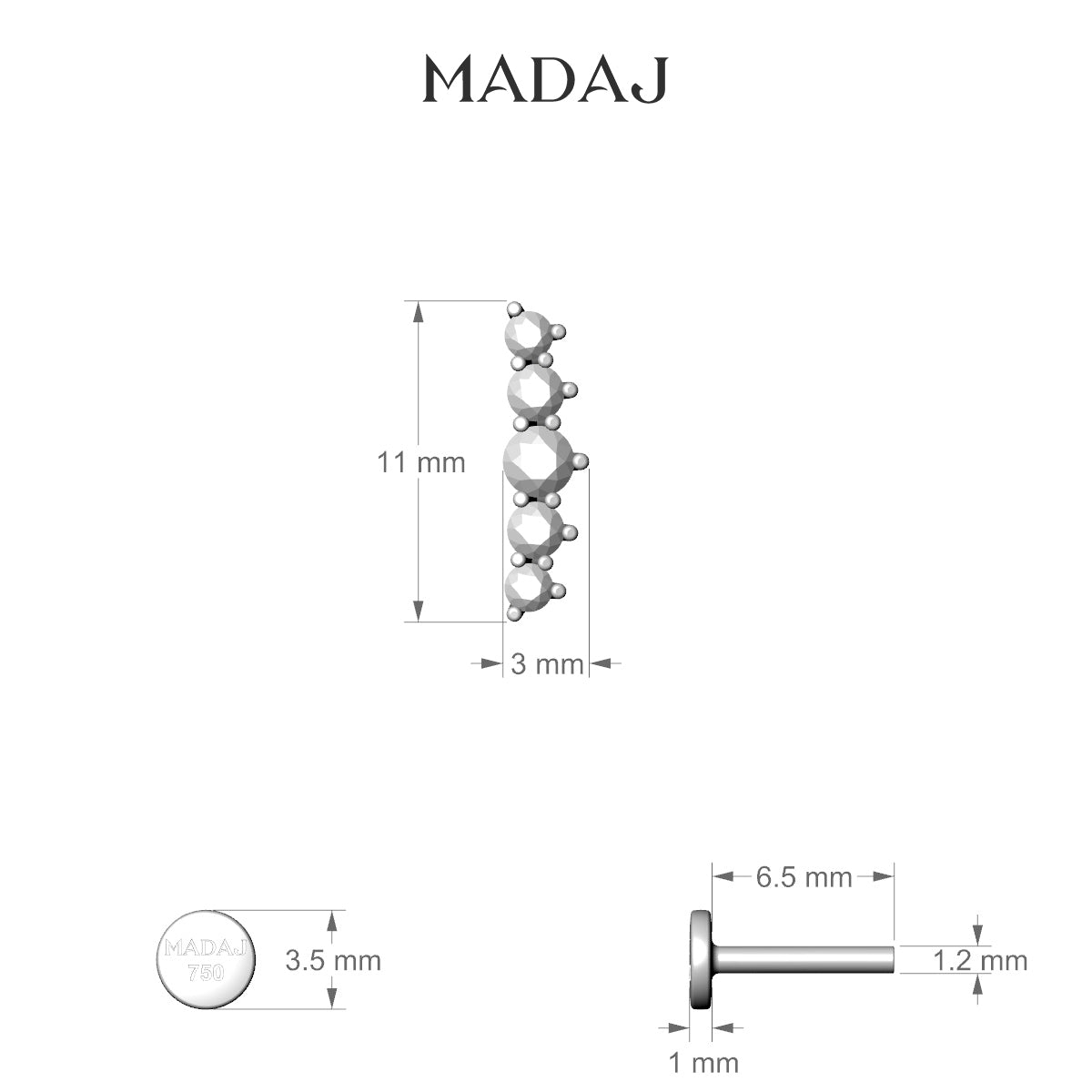 Justice | 18k White Gold 12 mm 6.5 mm Long Diamond Piercing