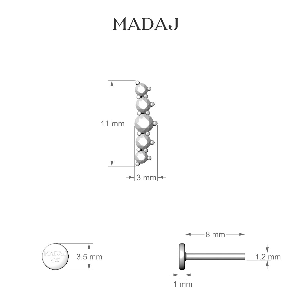 Justice | 18k Yellow Gold 12 mm 8 mm Long Diamond Piercing