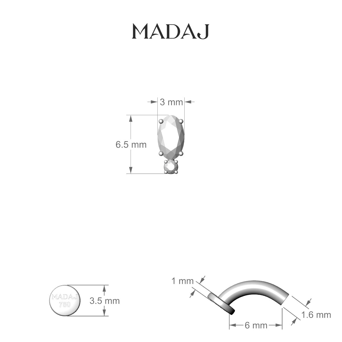 Kali | 18k White Gold 6.5 mm 6 mm Diamond Floating Navel Piercing