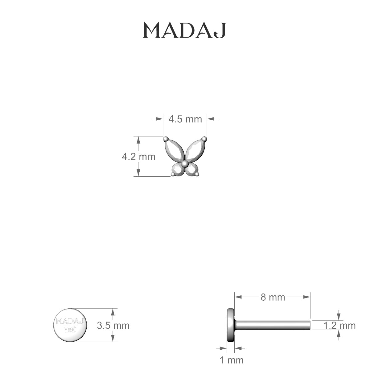 Levana | 18k White Gold 4.5 mm 8 mm Butterfly Diamond Piercing