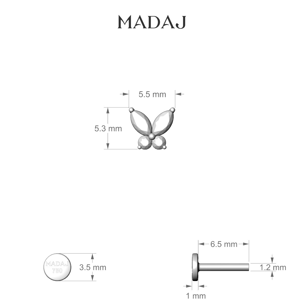Levana | 18k White Gold 5.5 mm 6.5 mm Butterfly Diamond Piercing