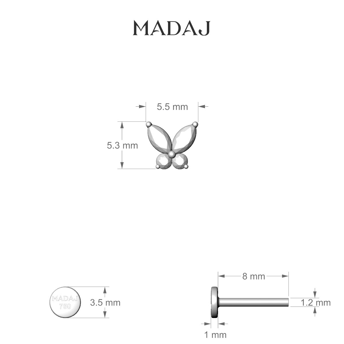 Levana | 18k White Gold 5.5 mm 8 mm Butterfly Diamond Piercing