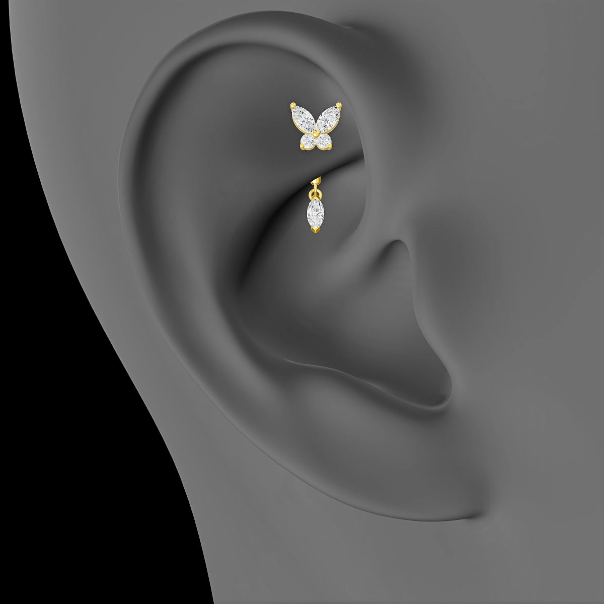 Levana | 18k Yellow Gold 6 mm Butterfly Diamond Rook Piercing