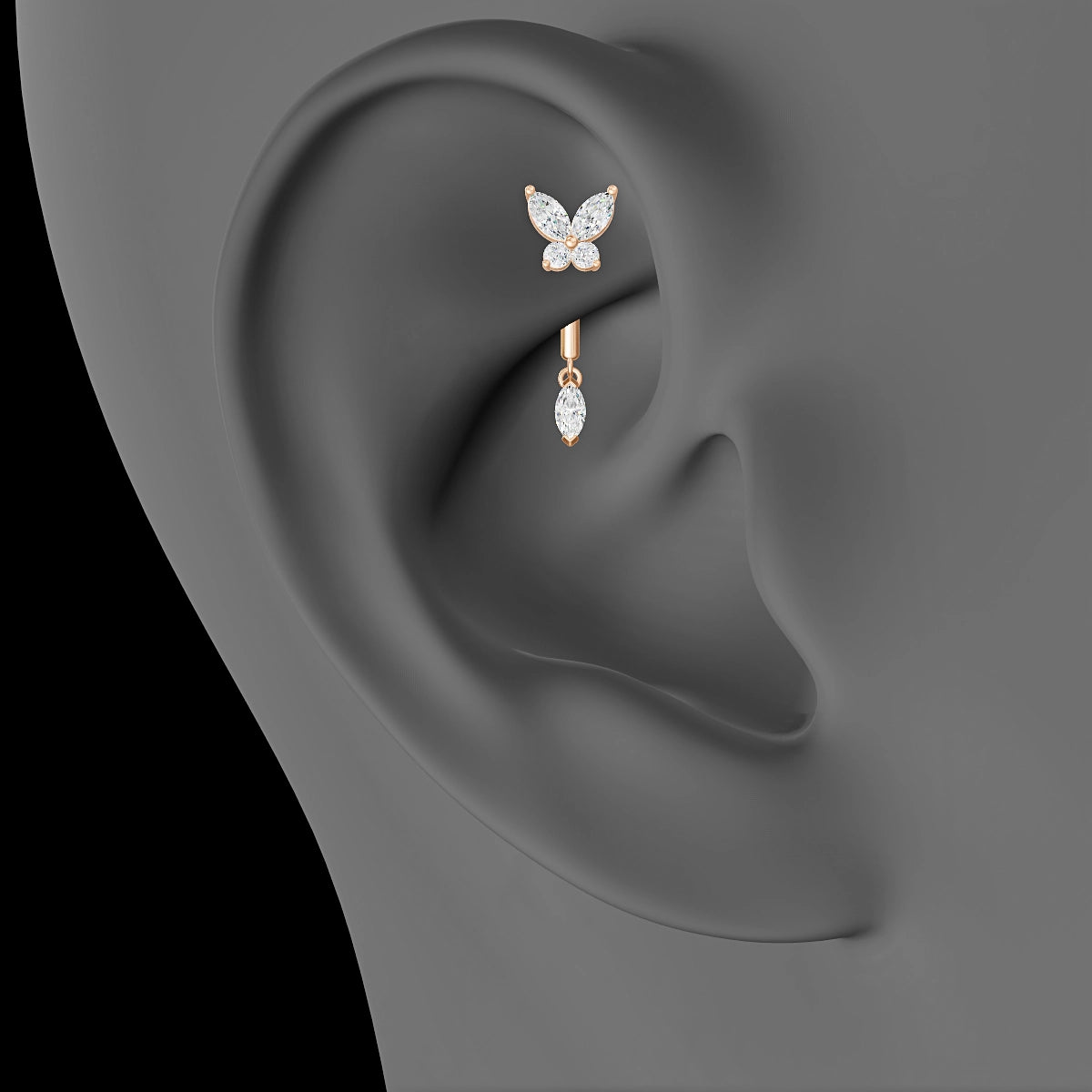 Levana | 18k Rose Gold 8 mm Butterfly Diamond Rook Piercing