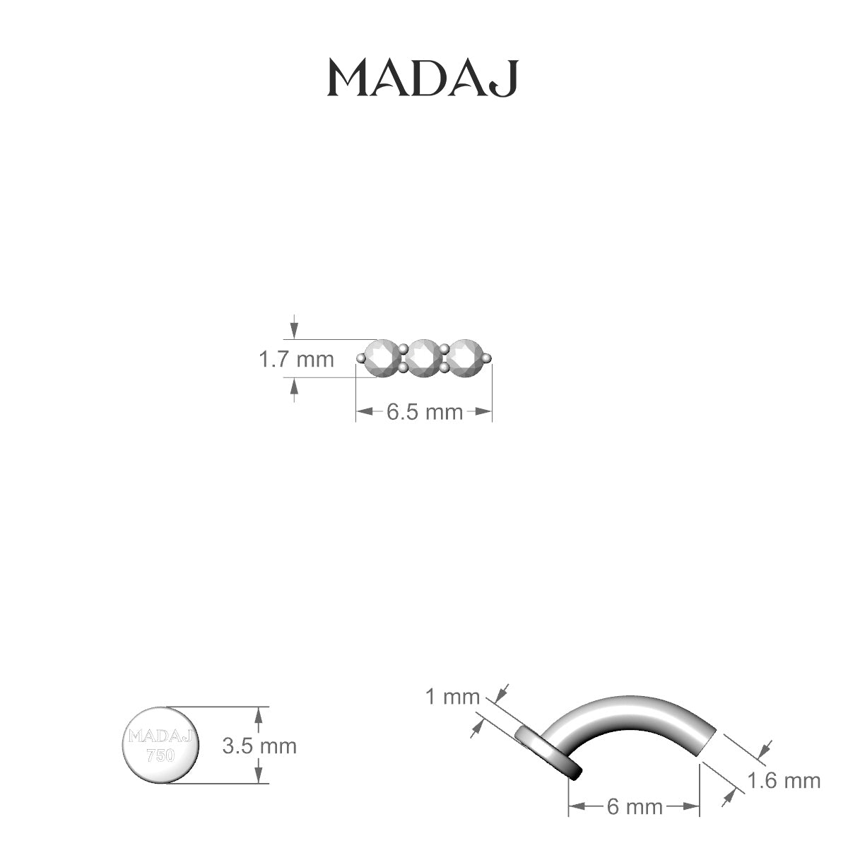 Ma'at | 18k White Gold 6.5 mm 6 mm Trilogy Diamond Floating Navel Piercing