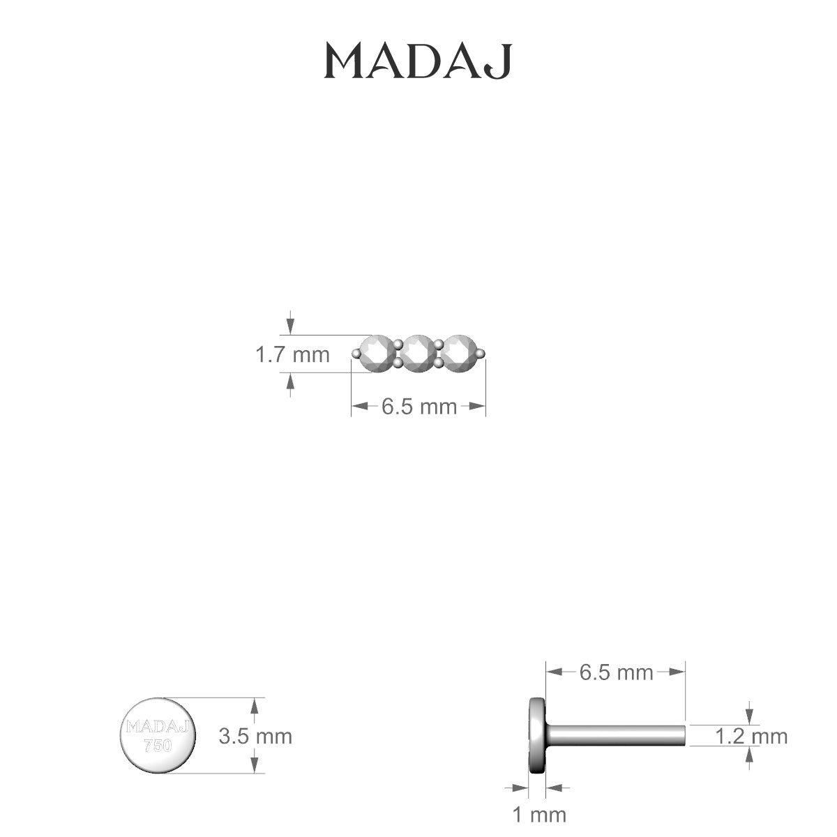 Ma'at | 18k Rose Gold 6.5 mm 6.5 mm Trilogy Diamond Piercing