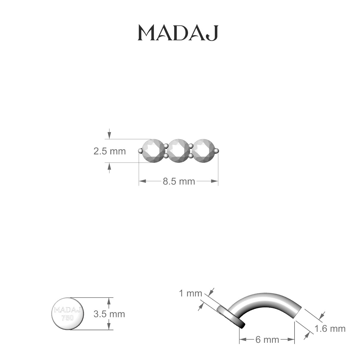 Ma'at | 18k White Gold 8.5 mm 6 mm Trilogy Diamond Floating Navel Piercing