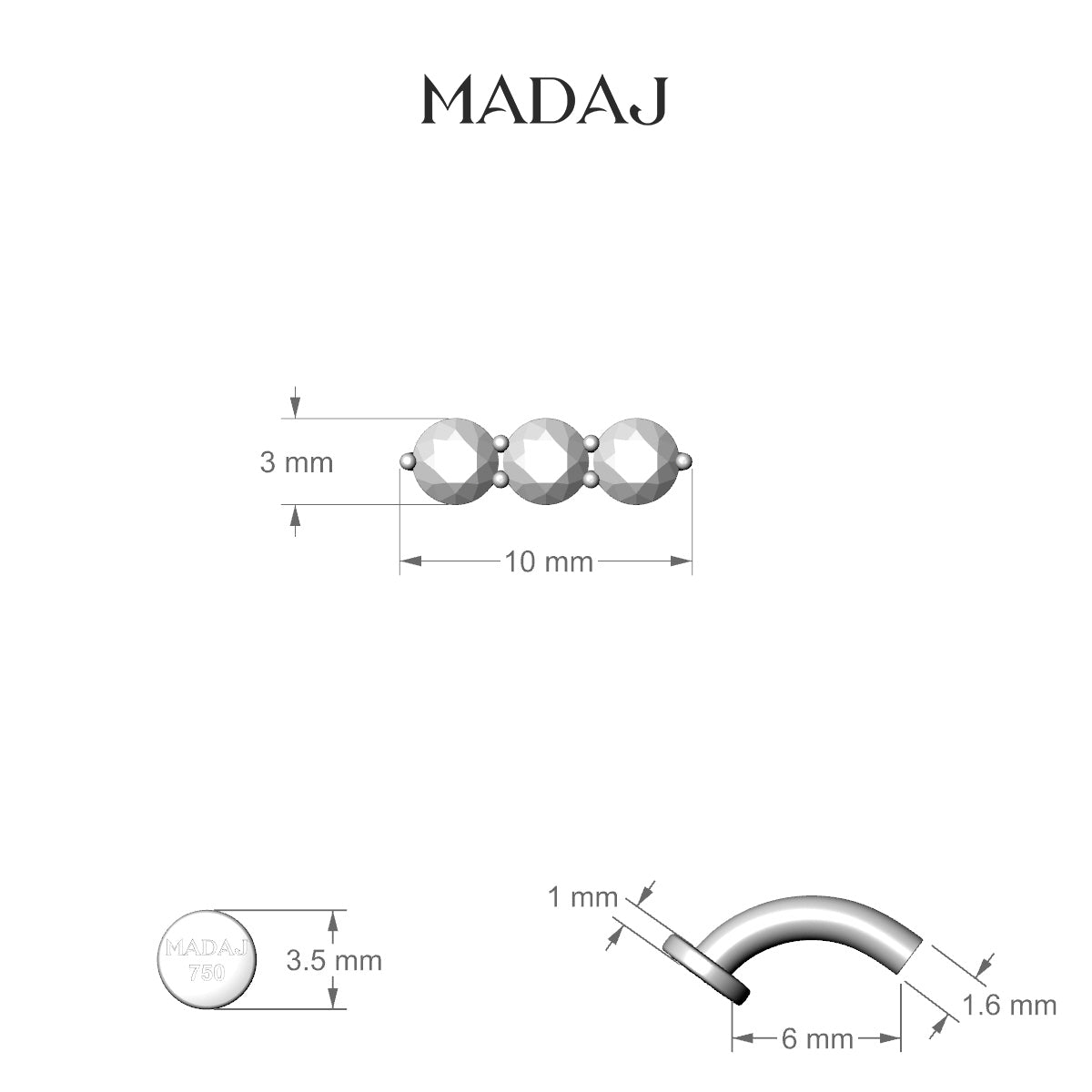 Ma'at | 18k White Gold 10 mm 6 mm Trilogy Diamond Floating Navel Piercing