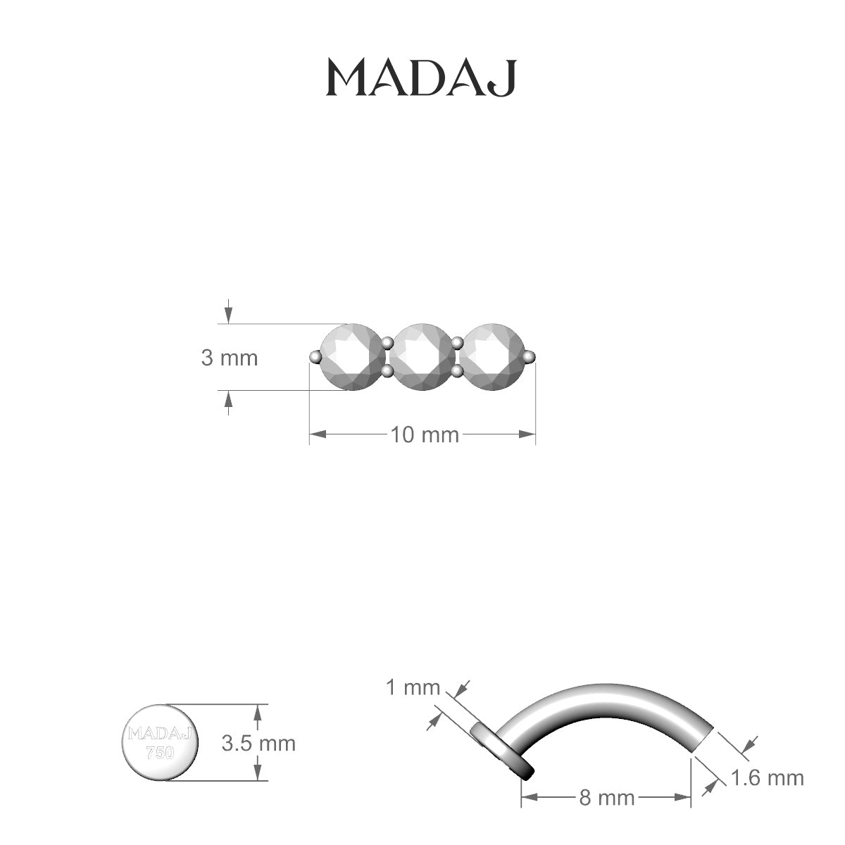 Ma'at | 18k White Gold 10 mm 8 mm Trilogy Diamond Floating Navel Piercing