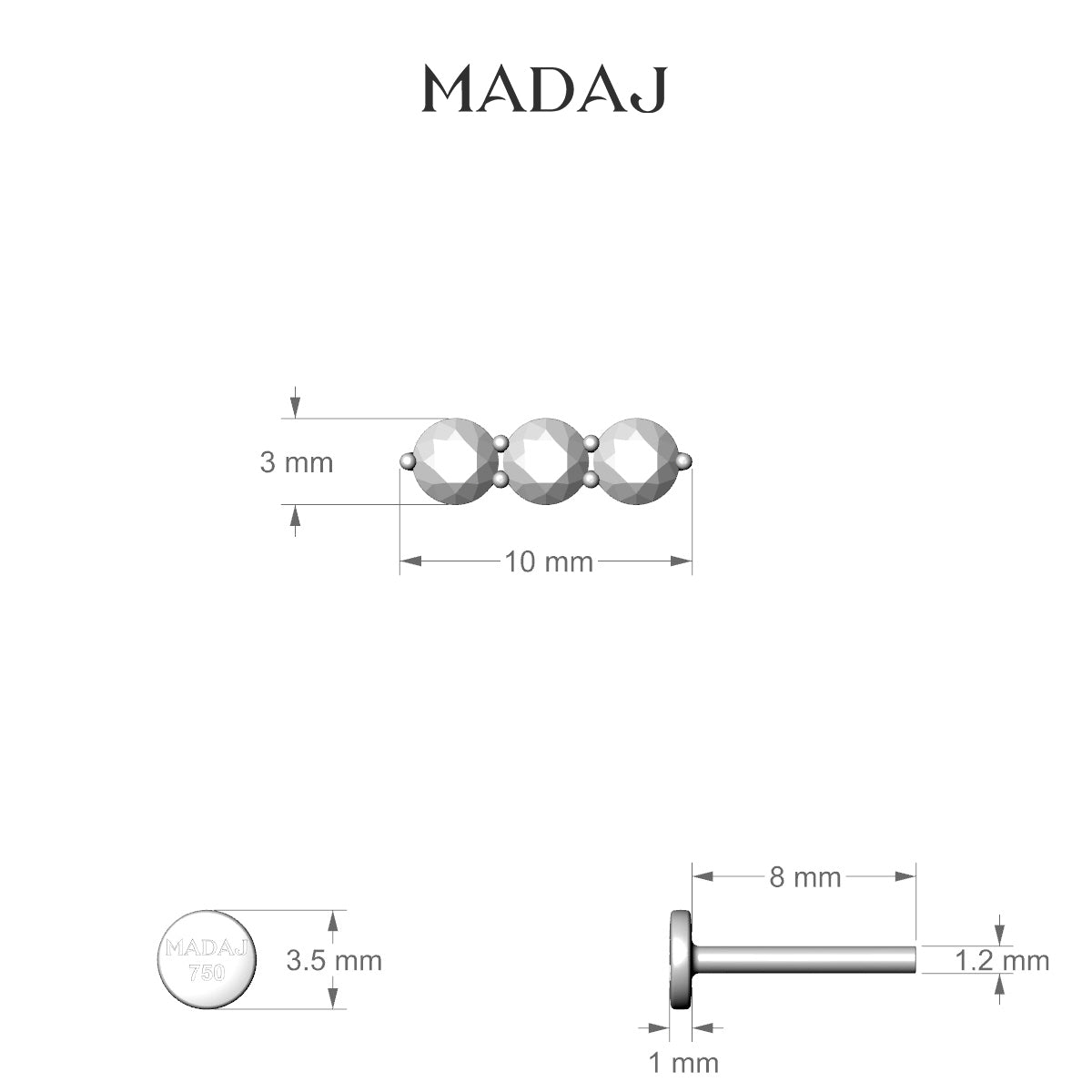 Ma'at | 18k White Gold 8 mm 10 mm Trilogy Sapphire Piercing