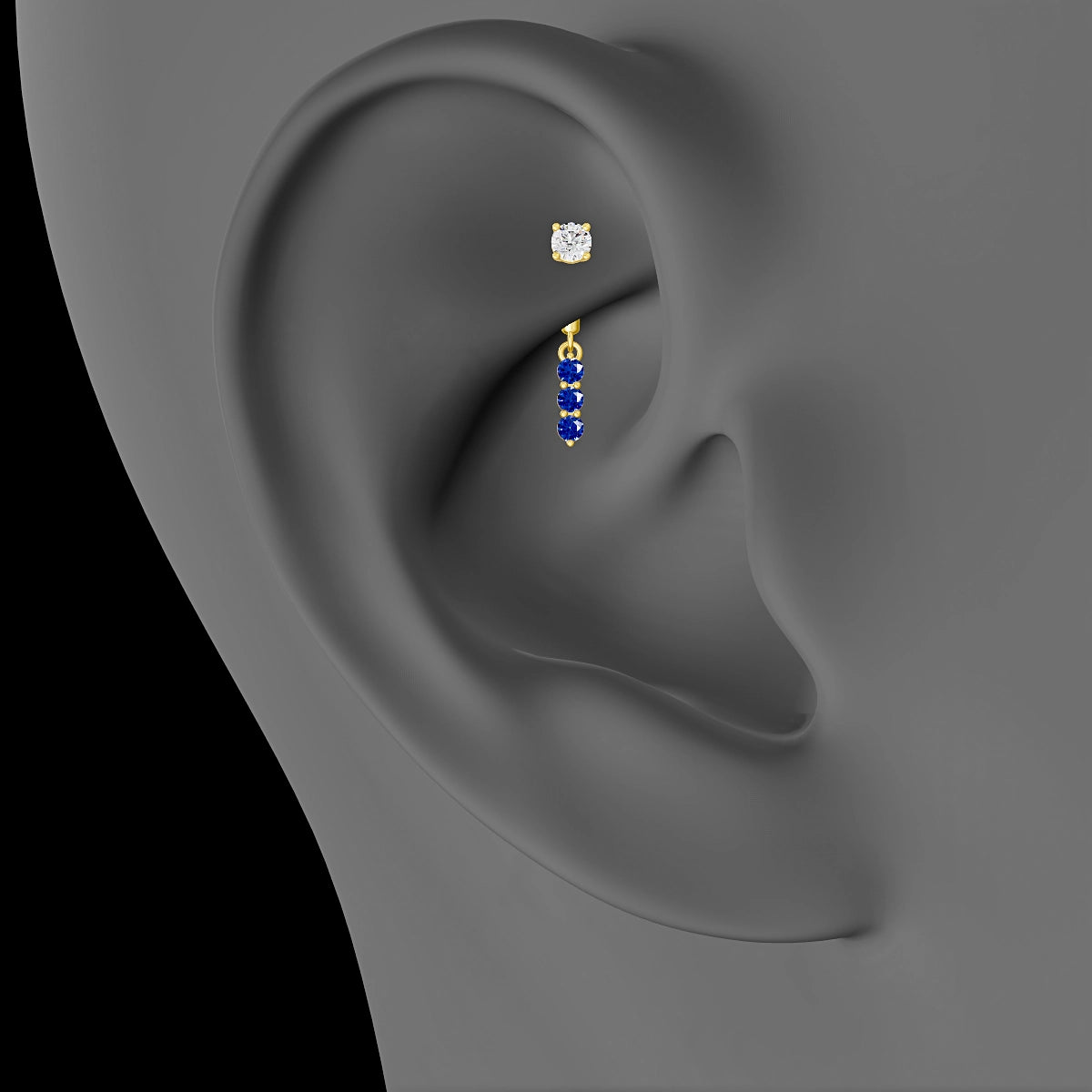 Ma'at | Piercing Rook Trilogie Saphir & Diamant Or Jaune 18k Hypoallergénique 6.5 mm 6 mm