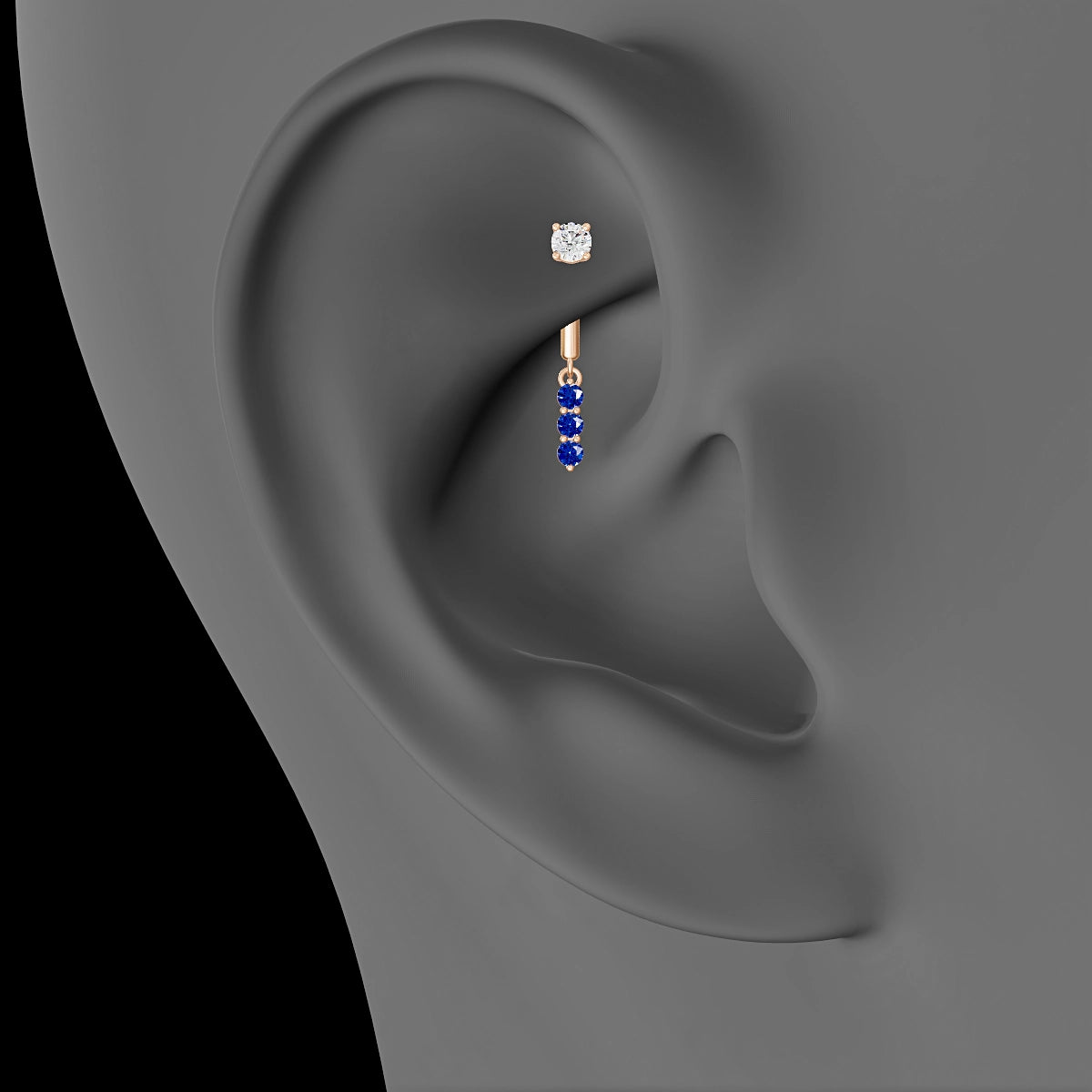 Ma'at | Piercing Rook Trilogie Saphir & Diamant Or Rose 18k Hypoallergénique 6.5 mm 8 mm