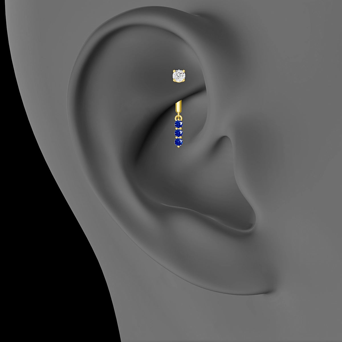 Ma'at | Piercing Rook Trilogie Saphir & Diamant Or Jaune 18k Hypoallergénique 6.5 mm 8 mm