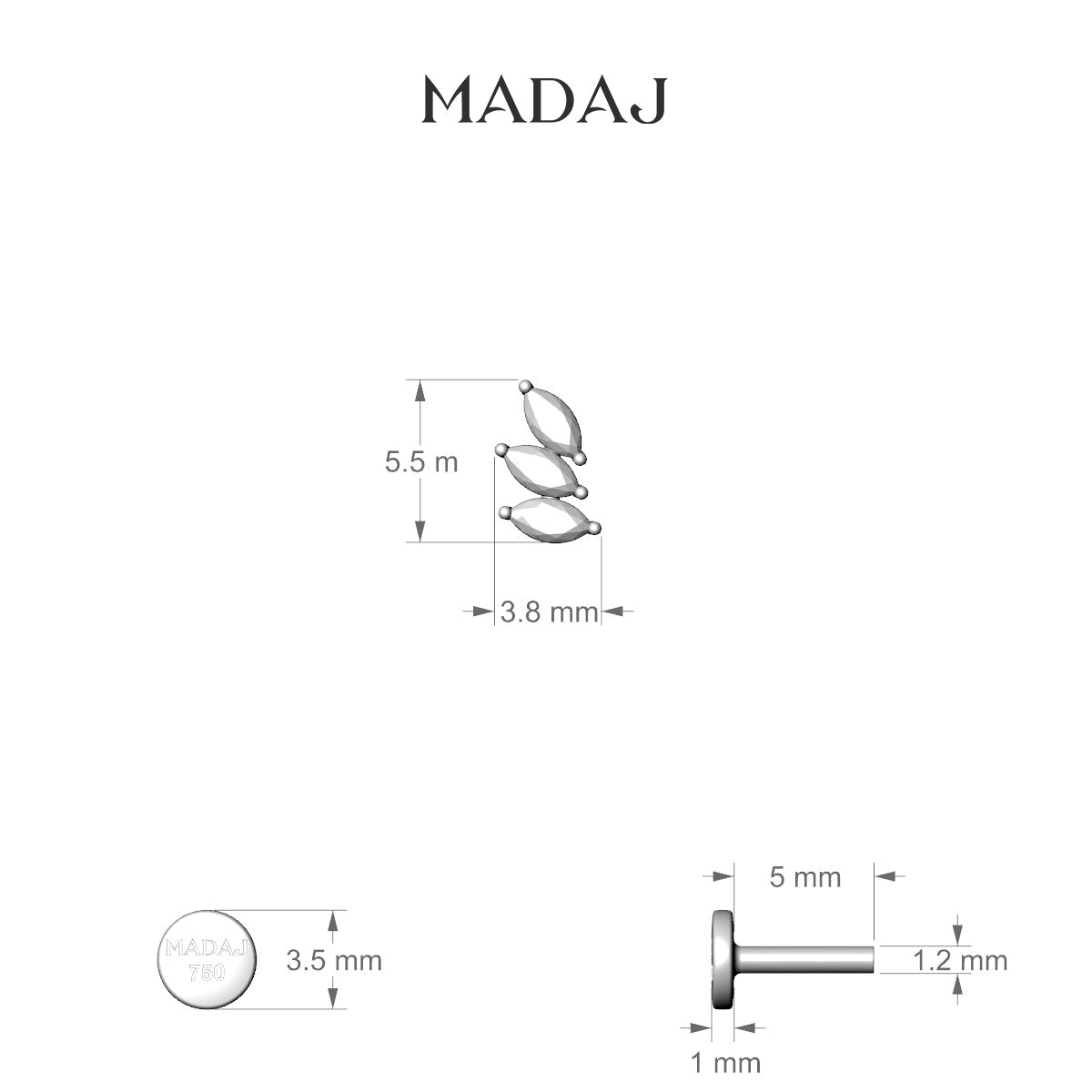Melia | 18k White Gold 5.5 mm 5 mm Trilogy Diamond Right Piercing