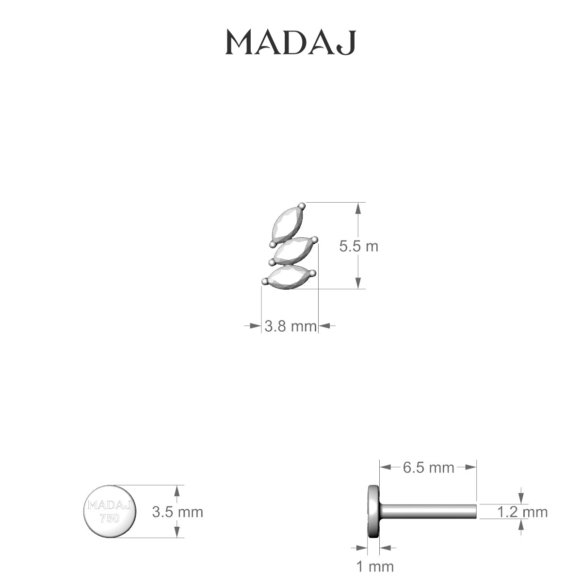 Melia | 18k Yellow Gold 5.5 mm 6.5 mm Trilogy Diamond Left Piercing