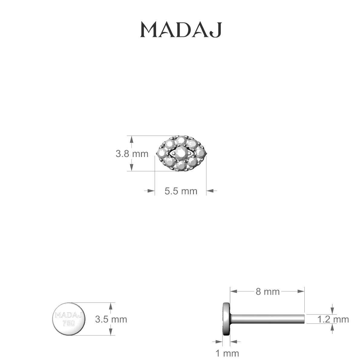 Minerva | 18k White Gold 5.5 mm 8 mm Eye Diamond Nose Piercing