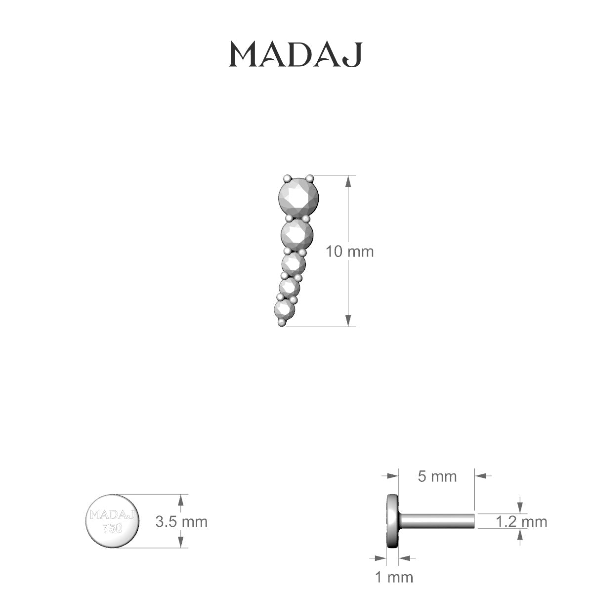 Nerthus | 18k White Gold 10 mm 5 mm Long Diamond Left Piercing