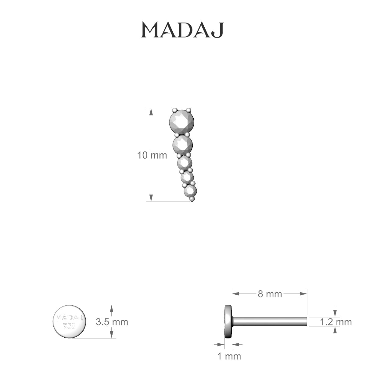 Nerthus | 18k Yellow Gold 10 mm 8 mm Long Diamond Right Piercing