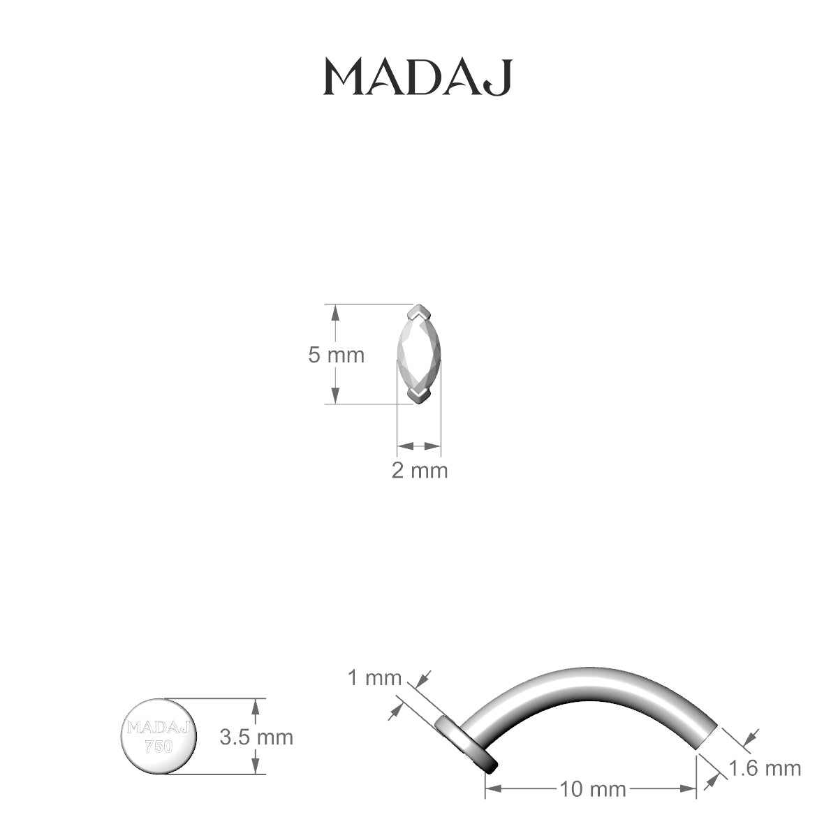 Nut | 18k White Gold 5 mm 10 mm Marquise Diamond Floating Navel Piercing