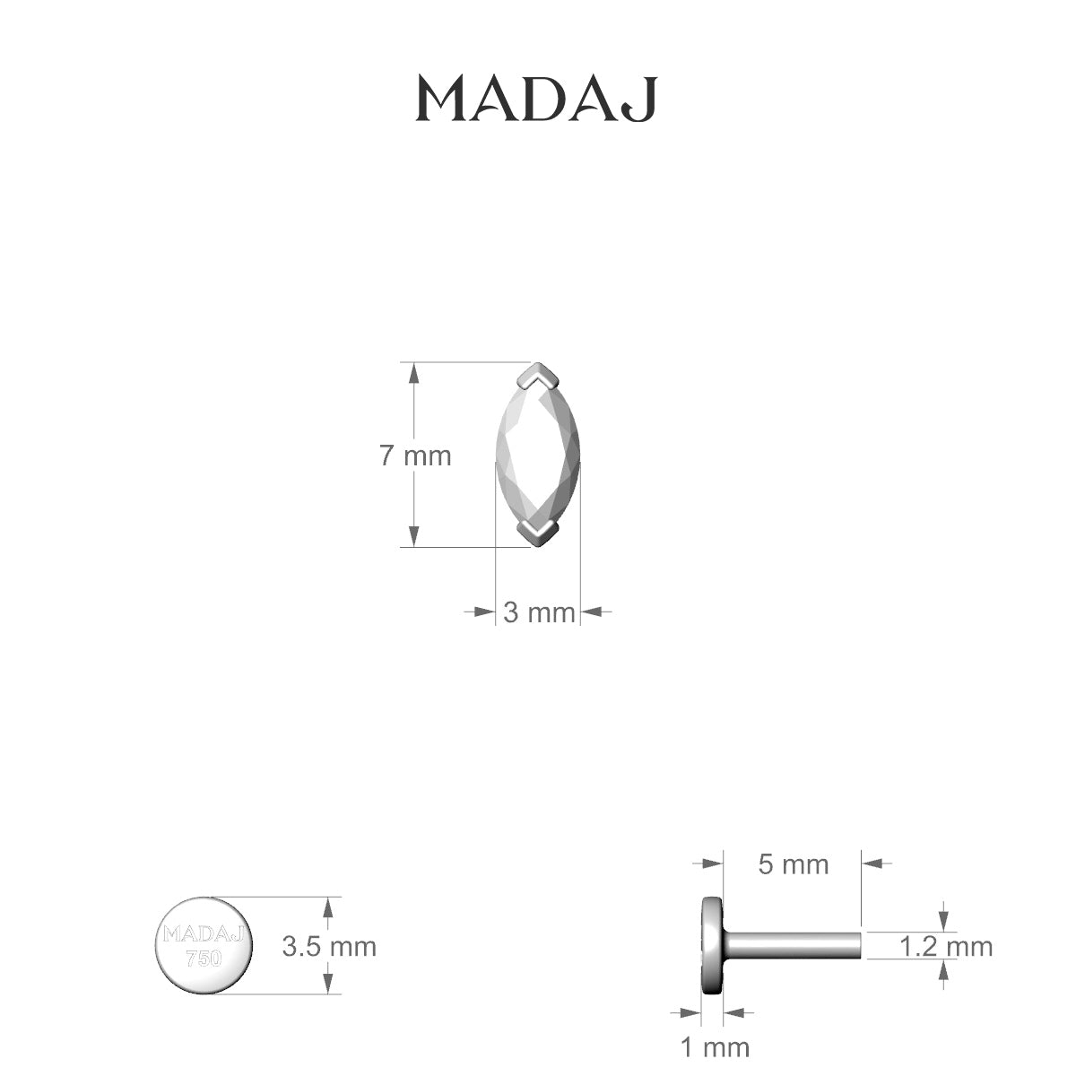 Nut | 18k Yellow Gold 7 mm 5 mm Marquise Diamond Piercing
