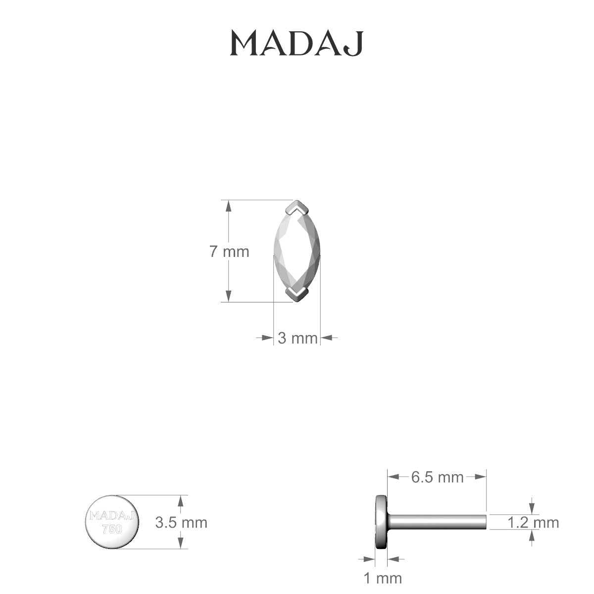 Nut | 18k Yellow Gold 7 mm 6.5 mm Marquise Diamond Piercing