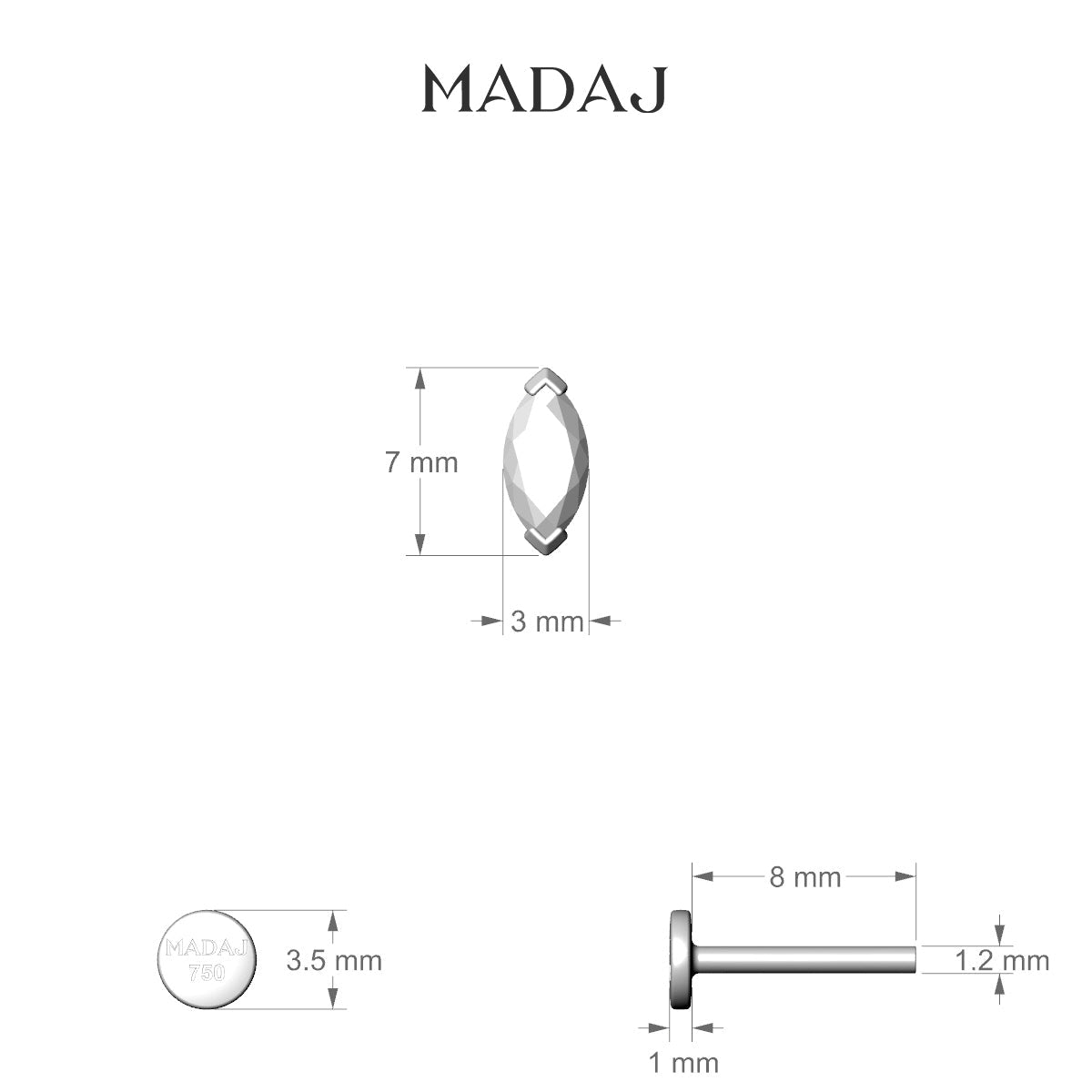 Nut | 18k White Gold 7 mm 8 mm Marquise Diamond Nose Piercing