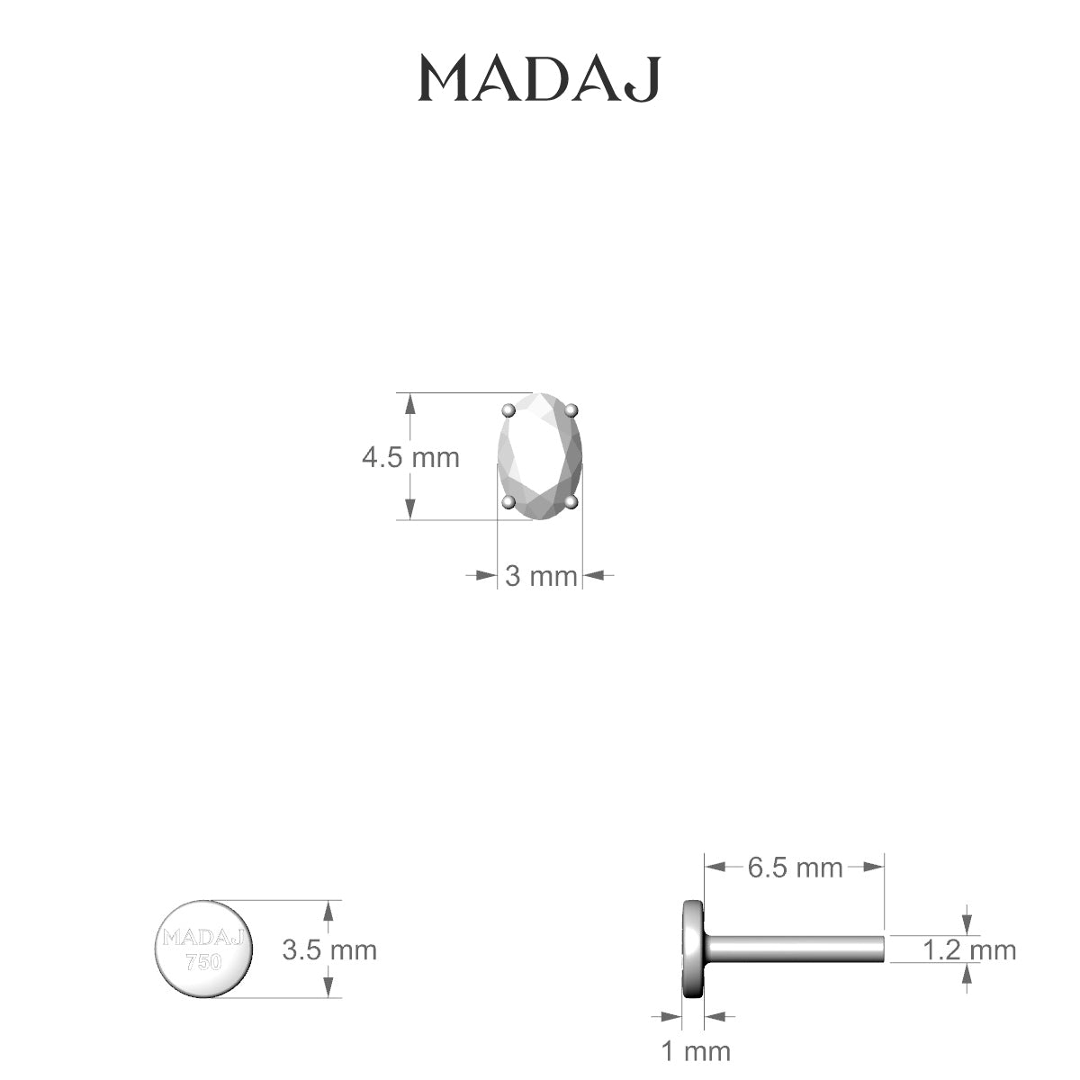 Nut | 18k Yellow Gold 4.5 mm 6.5 mm Oval Diamond Nose Piercing