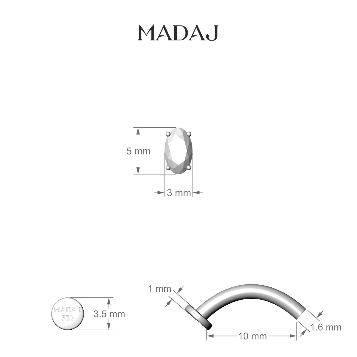 Nut | 18k White Gold 5 mm 10 mm Oval Diamond Floating Navel Piercing