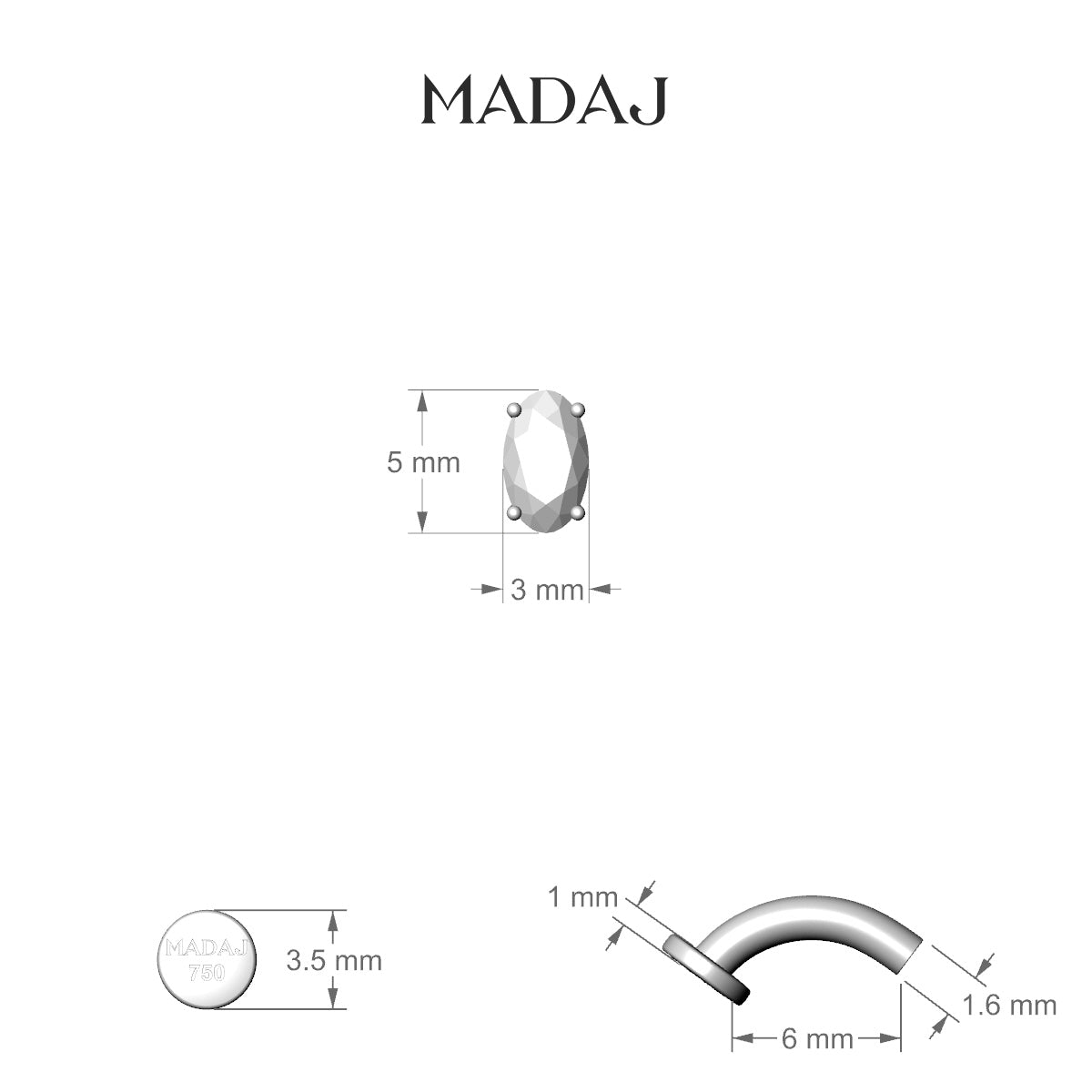 Nut | 18k White Gold 5 mm 6 mm Oval Diamond Floating Navel Piercing