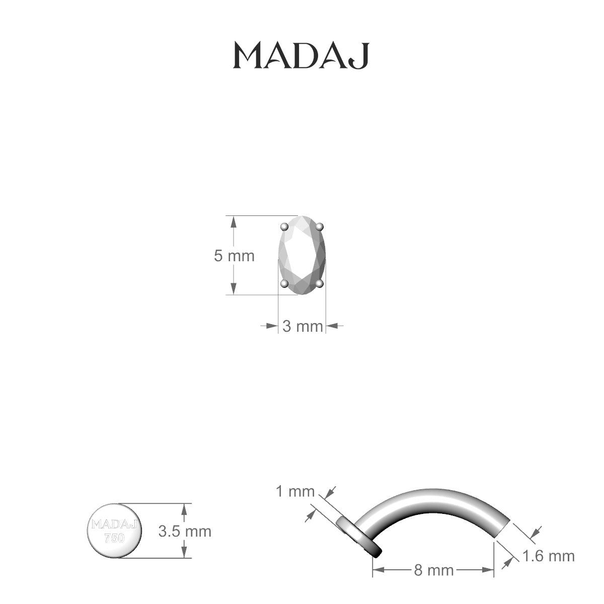 Nut | 18k Yellow Gold 5 mm 8 mm Oval Diamond Floating Navel Piercing